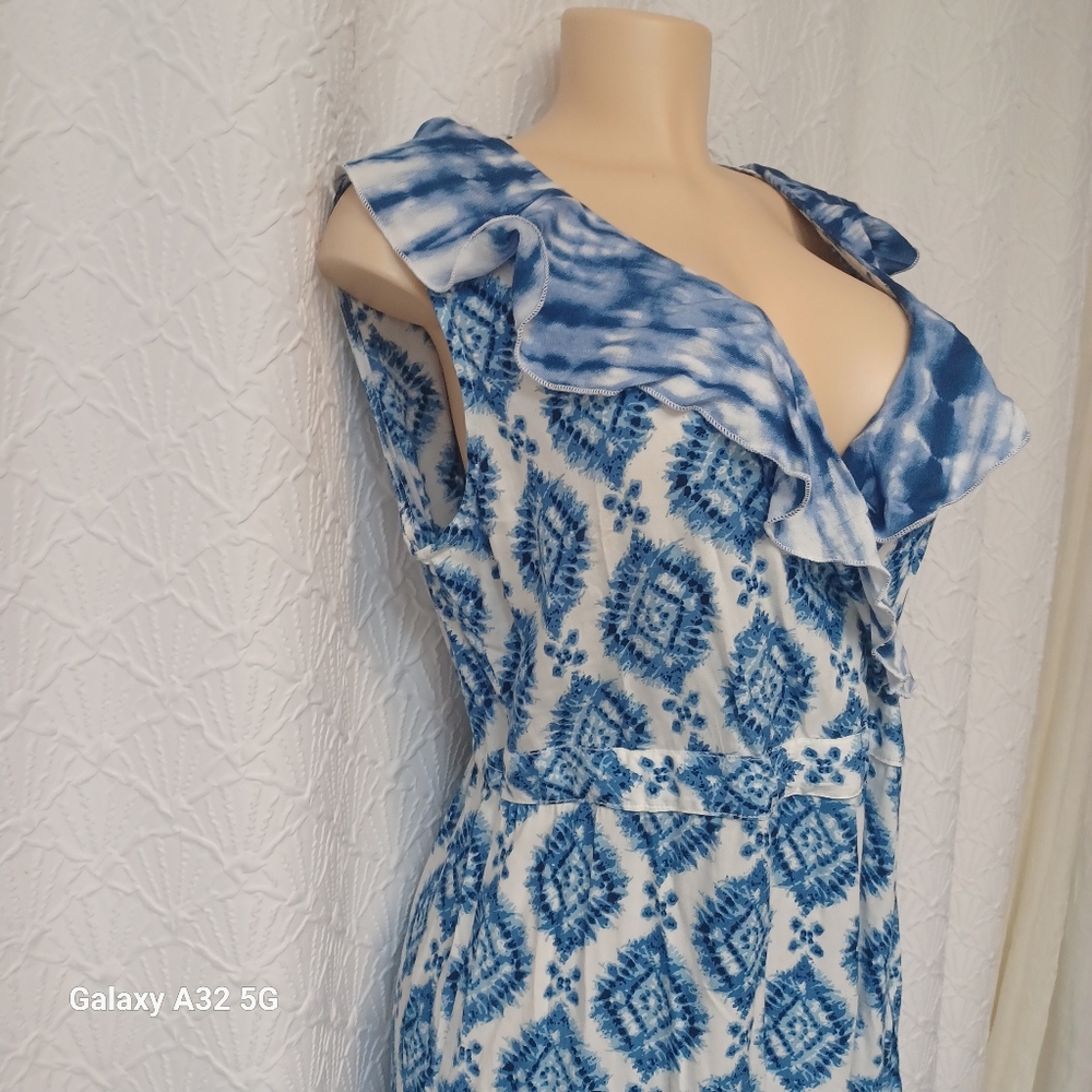Studio West Women Size  L Blue and White Geometric Midi Dress - Picture 6 of 15